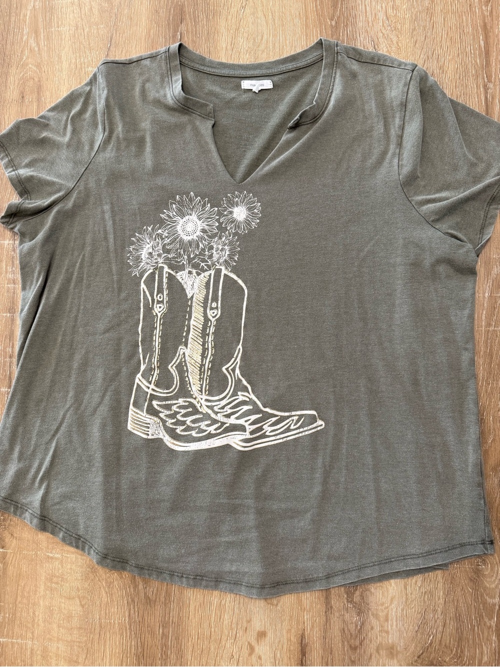 Maurices Olive Green V-Neck Tee with White Cowboy Boot Graphic